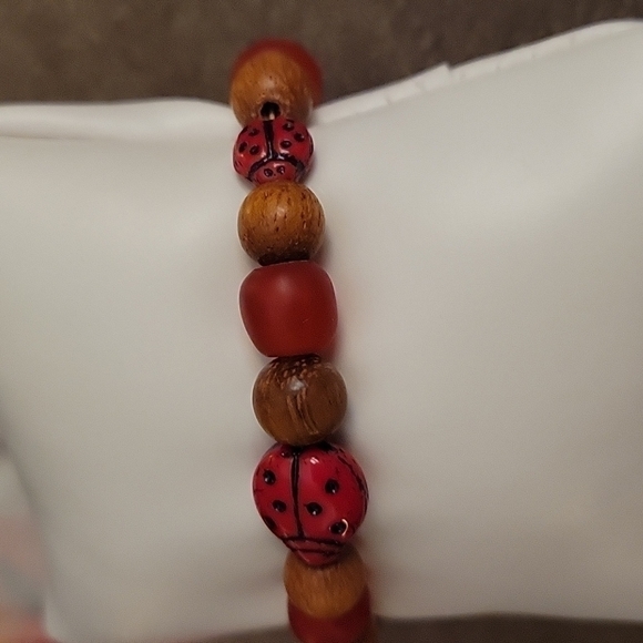 HANDMADE Fairycore Czech Glass Lady Bug African Wood Beaded Toggle Bracelet - Picture 2 of 6